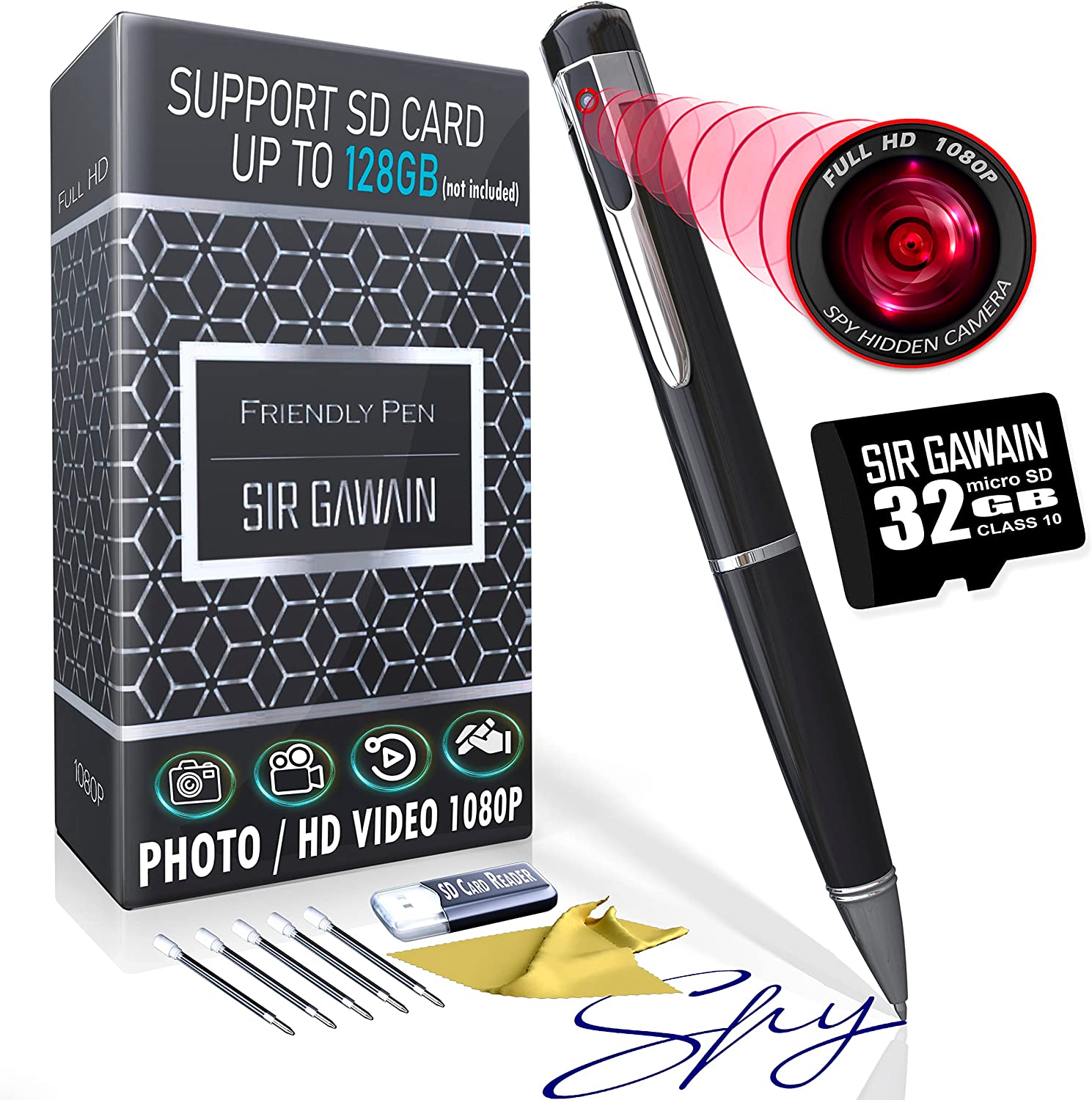 New in Open Box SIRGAWAIN Camera Pen 1080p & 32GB Micro SD - Nanny Camera Pen Full HD Loop Recording or Picture Taking - Wireless Security Cam with Wide Angle Lens, Discrete Rechargeable