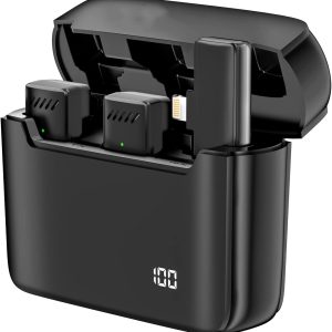 New in Open Box 2.4G Wireless Lavalier Microphone for iPhone iPad, 2-in-1 Plug and Play Lapel Mic with Charging Case & Power Display, Clip On Microphone for Recording Interview Youtuber Vlogger