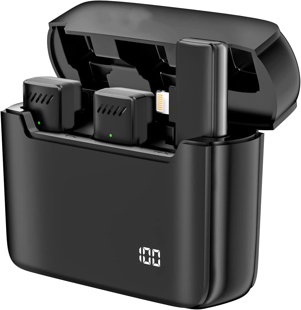 New in Open Box 2.4G Wireless Lavalier Microphone for iPhone iPad, 2-in-1 Plug and Play Lapel Mic with Charging Case & Power Display, Clip On Microphone for Recording Interview Youtuber Vlogger