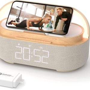New in Open Box Bluetooth Speaker with Digital Alarm Clock, Wireless Charger, FM Clock Radio, Adjustable LED Night Light, Dual Wireless Speakers, 2500mAh Battery for Bedroom, Home, Adaptor (Wooden)