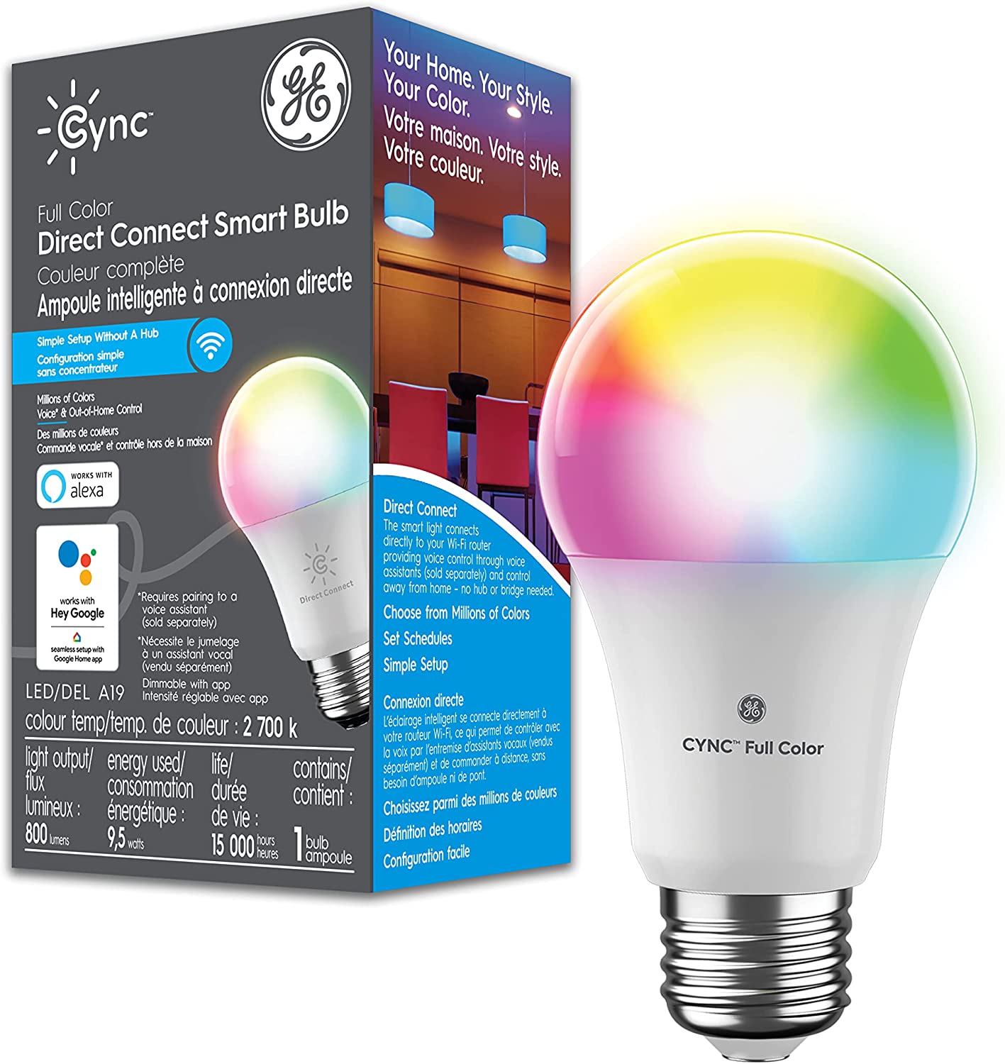 New in Open Box GE Lighting CYNC Smart Light Bulb with Bluetooth and WiFi, Alexa and Google Home Compatible, Full Color Changing, Dimmable, A19 Bulb Shape